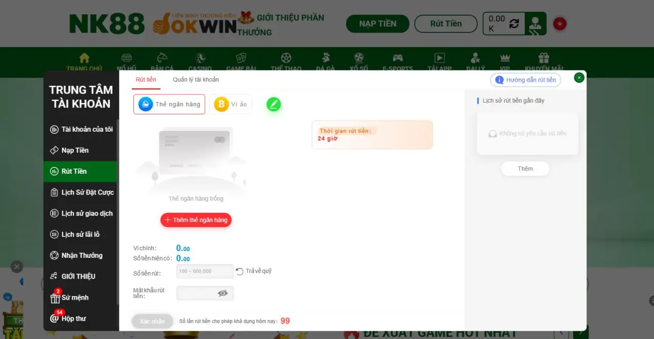 Hệ thống rút tiền của nhà cái NK88