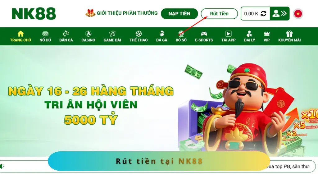 Giao diện rút tiền tại nhà cái NK88